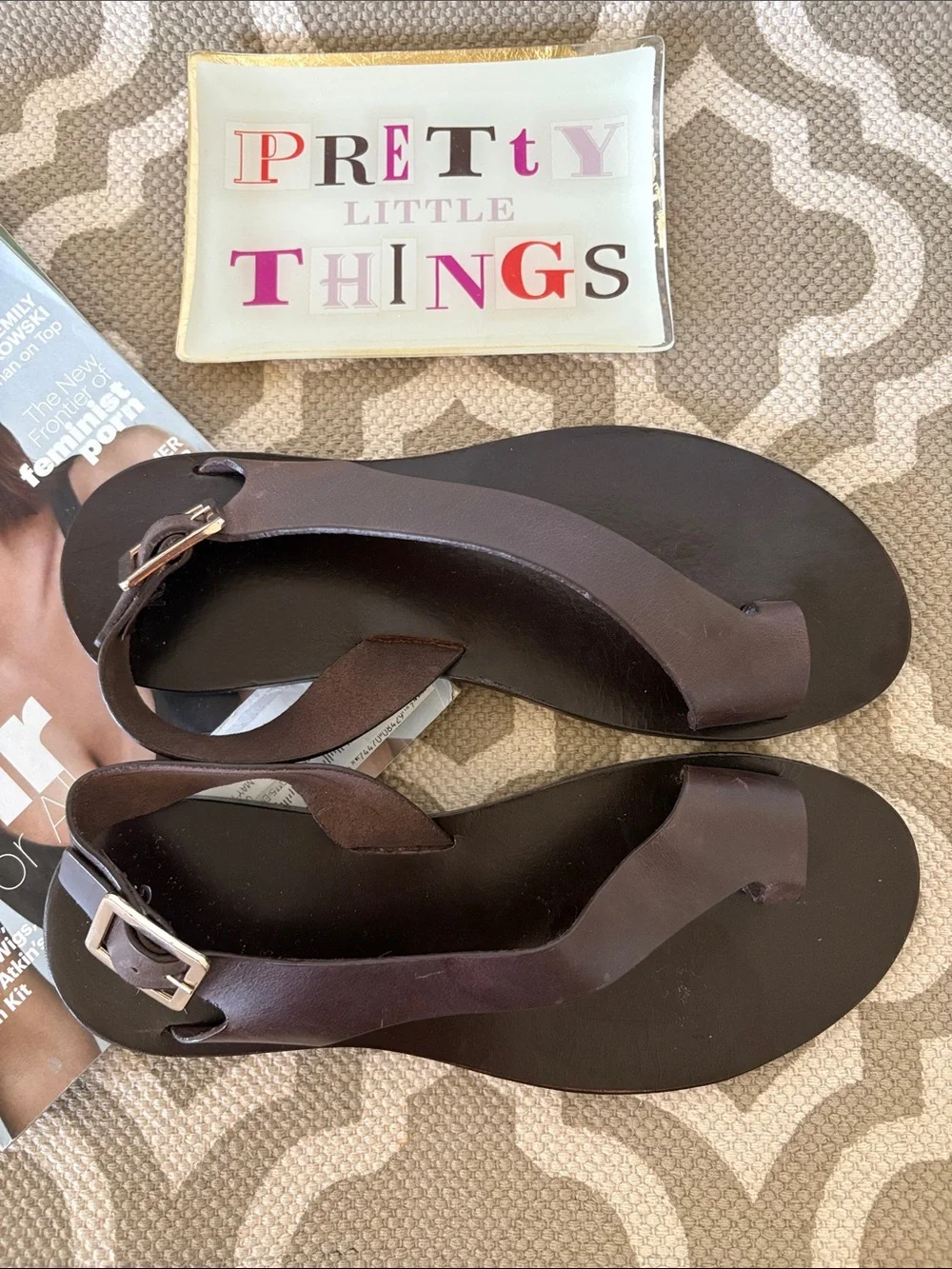 MNG Women’s Brown Leather T-Strap Sandals; size (38) U.S. 7.5; NWOT